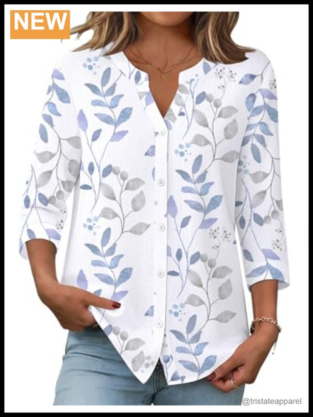 Womens Cotton Linen Button Down Shirt 3/4 Sleeve Work Blouse